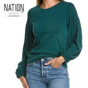 NATION LTD Sabine Balloon Sleeve Top Organic Cotton Pintuck Shoulder Teal Size M